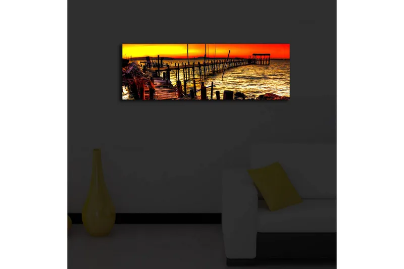 Canvastavla med LED-belysning 30x90 cm - Solnedgång över en brygga vid havet - Orange / Guld / Blå - Inredning & dekor - Tavlor & konst - Canvastavla
