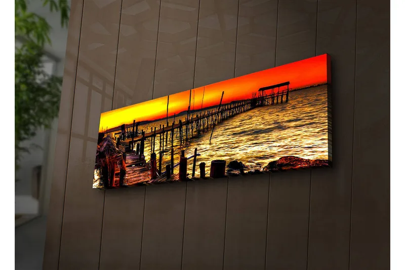 Canvastavla med LED-belysning 30x90 cm - Solnedg ång över en brygga vid havet - Orange / Guld / Blå - Inredning & dekor - Tavlor & konst - Canvastavla