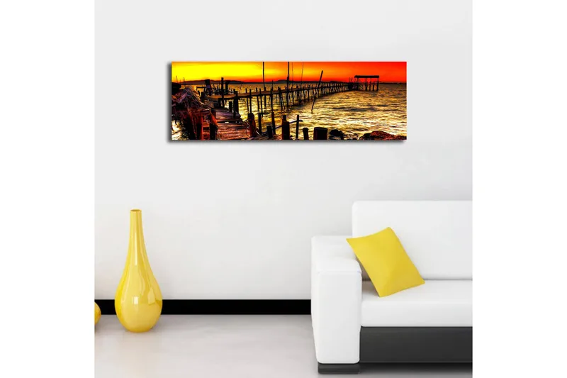 Canvastavla med LED-belysning 30x90 cm - Solnedgång över en brygga vid havet - Orange / Guld / Blå - Inredning & dekor - Tavlor & konst - Canvastavla