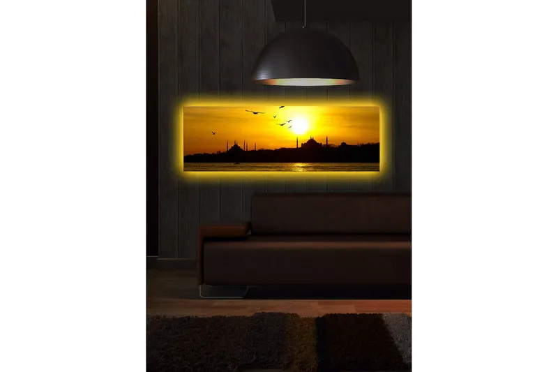 Canvastavla med LED-belysning 30x90 cm - Solnedgång över en stadssilhuett med fåglar i flykt - Guld / Svart / Orange - Inredning & dekor - Tavlor & konst - Canvastavla