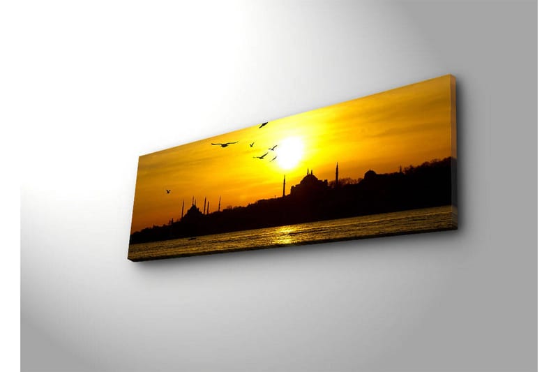 Canvastavla med LED-belysning 30x90 cm - Solnedgång över en stadssilhuett med fåglar i flykt - Guld / Svart / Orange - Inredning & dekor - Tavlor & konst - Canvastavla
