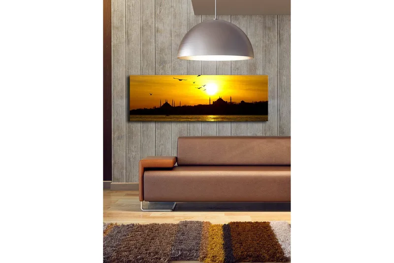 Canvastavla med LED-belysning 30x90 cm - Solnedgång över en stadssilhuett med fåglar i flykt - Guld / Svart / Orange - Inredning & dekor - Tavlor & konst - Canvastavla