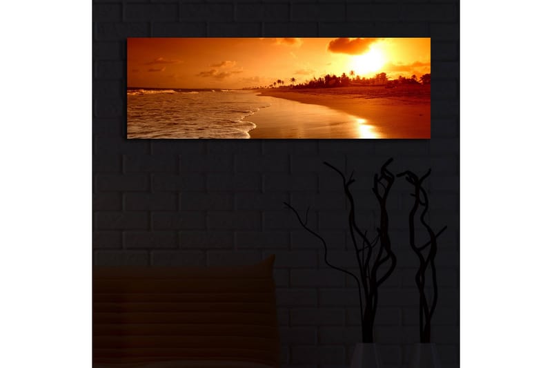 Canvastavla med LED-belysning 30x90 cm - Solnedgång över en strand med palmer i silhuett - Orange / Guld / Brun - Inredning & dekor - Tavlor & konst - Canvastavla