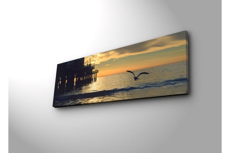 Canvastavla med LED-belysning 30x90 cm - Solnedgång över havet med en fågel i flykt - Orange / Blå / Grå - Inredning & dekor - Tavlor & konst - Canvastavla