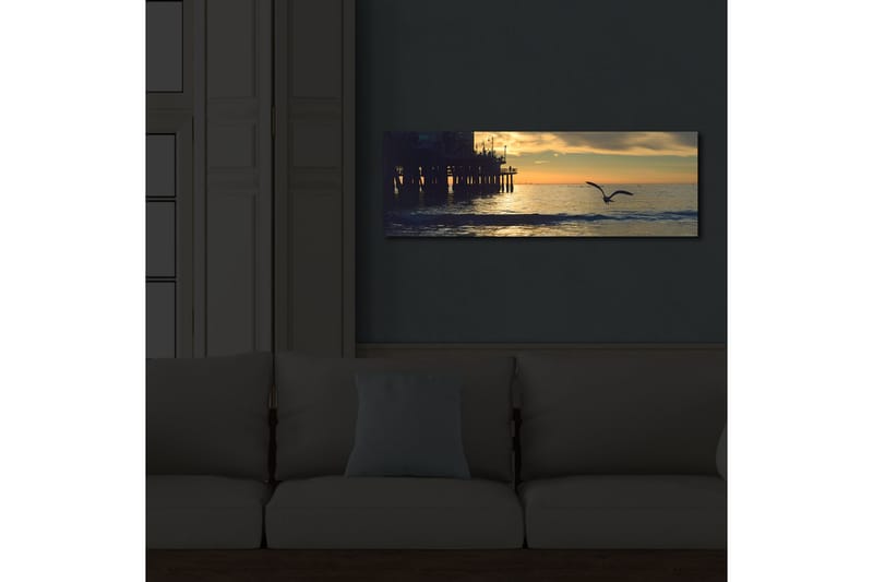 Canvastavla med LED-belysning 30x90 cm - Solnedgång över havet med en fågel i flykt - Orange / Blå / Grå - Inredning & dekor - Tavlor & konst - Canvastavla