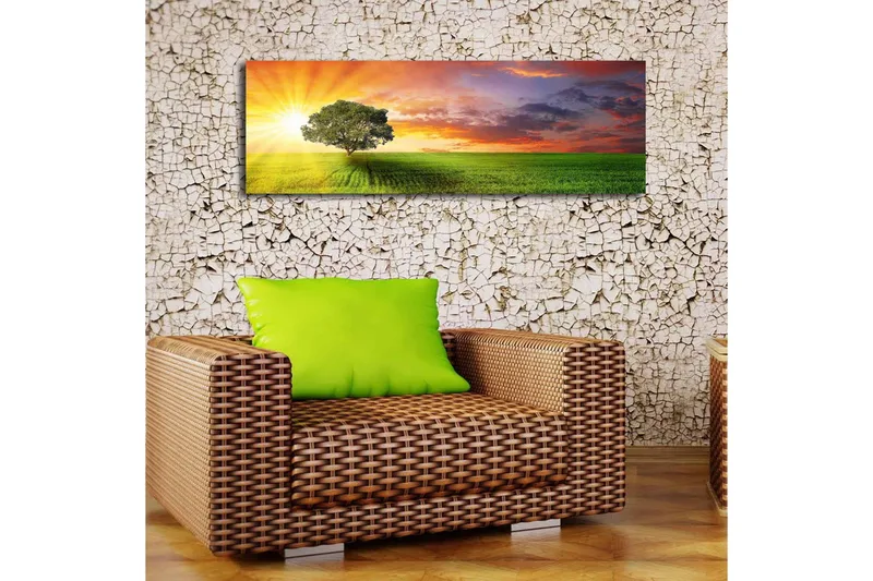 Canvastavla med LED-belysning 30x90 cm - Soluppgång över en grön äng med ett ensamt träd - Grön / Orange / Blå - Inredning & dekor - Tavlor & konst - Canvastavla