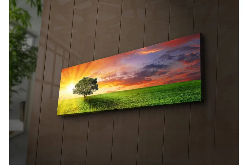 Canvastavla med LED-belysning 30x90 cm - Soluppgång över en grön äng med ett ensamt träd - Grön / Orange / Blå - Inredning & dekor - Tavlor & konst - Canvastavla