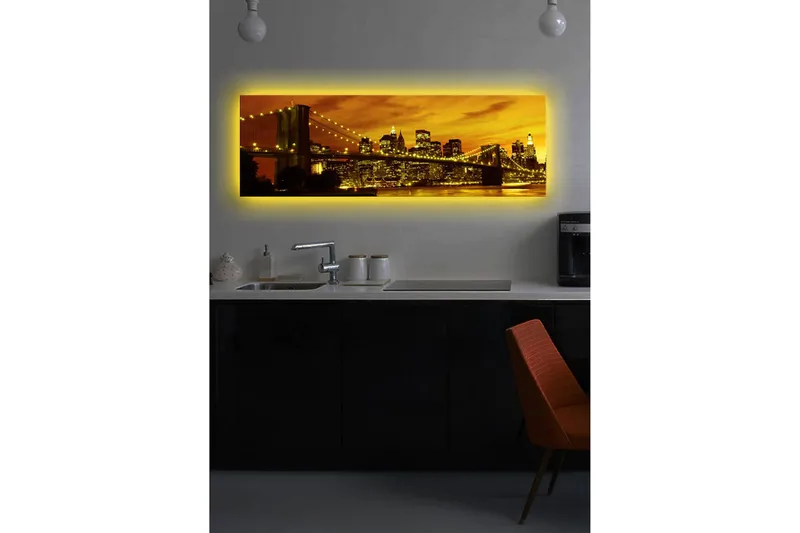 Canvastavla med LED-belysning 30x90 cm - Stadssilhuett med bro i solnedgångens gyllene ljus - Guld / Svart / Orange - Inredning & dekor - Tavlor & konst - Canvastavla