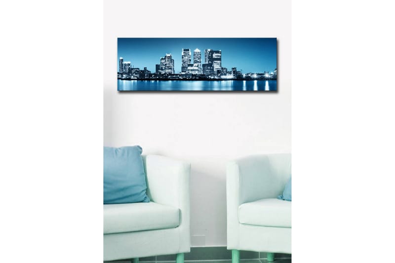 Canvastavla med LED-belysning 30x90 cm - Stadssilhuett med moderna skyskrapor vid en vattenkant - Blå / Svart / Vit - Inredning & dekor - Tavlor & konst - Canvastavla