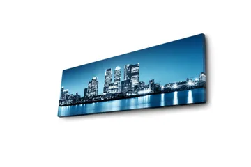 Canvastavla med LED-belysning 30x90 cm - Stadssilhuett med moderna skyskrapor vid en vattenkant - Blå / Svart / Vit - Inredning & dekor - Tavlor & konst - Canvastavla