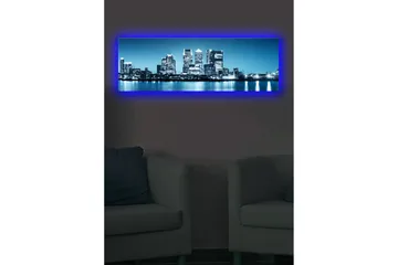 Canvastavla med LED-belysning 30x90 cm - Stadssilhuett med moderna skyskrapor vid en vattenkant - Blå / Svart / Vit - Inredning & dekor - Tavlor & konst - Canvastavla