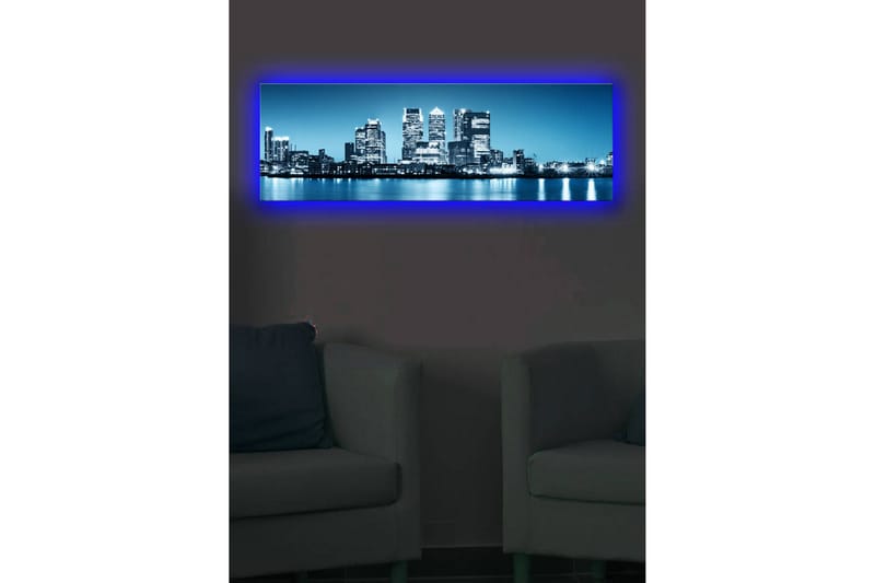 Canvastavla med LED-belysning 30x90 cm - Stadssilhuett med moderna skyskrapor vid en vattenkant - Blå / Svart / Vit - Inredning & dekor - Tavlor & konst - Canvastavla