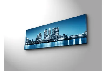 Canvastavla med LED-belysning 30x90 cm - Stadssilhuett med moderna skyskrapor vid en vattenkant - Blå / Svart / Vit - Inredning & dekor - Tavlor & konst - Canvastavla