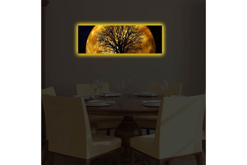Canvastavla med LED-belysning 30x90 cm - Stämningsfullt motiv av en måne bakom ett silhuett av ett träd - Guld / Svart - Inredning & dekor - Tavlor & konst - Canvastavla