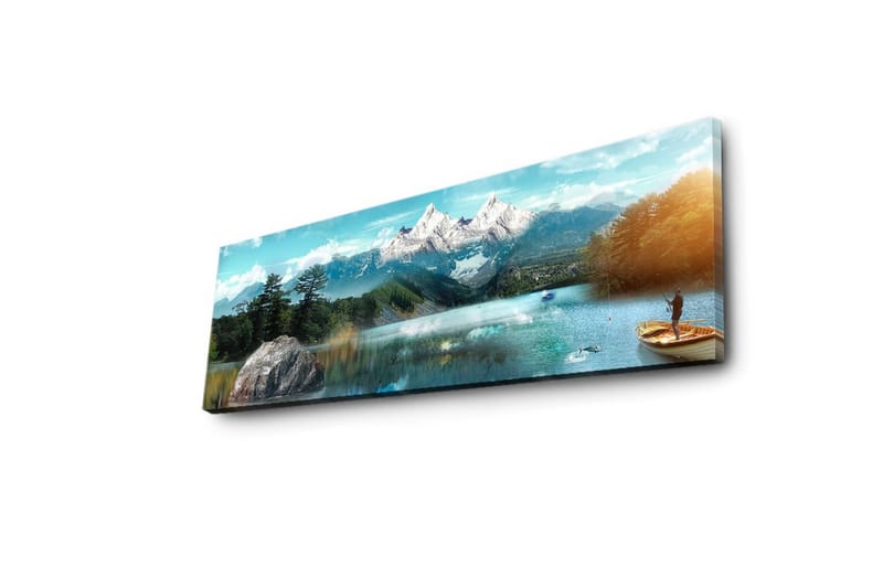 Canvastavla med LED-belysning 30x90 cm - Storslagen fjällandskap med en fiskare i en båt på en spegelblanka sjö - Blå / Grön / Vit - Inredning & dekor - Tavlor & konst - Canvastavla
