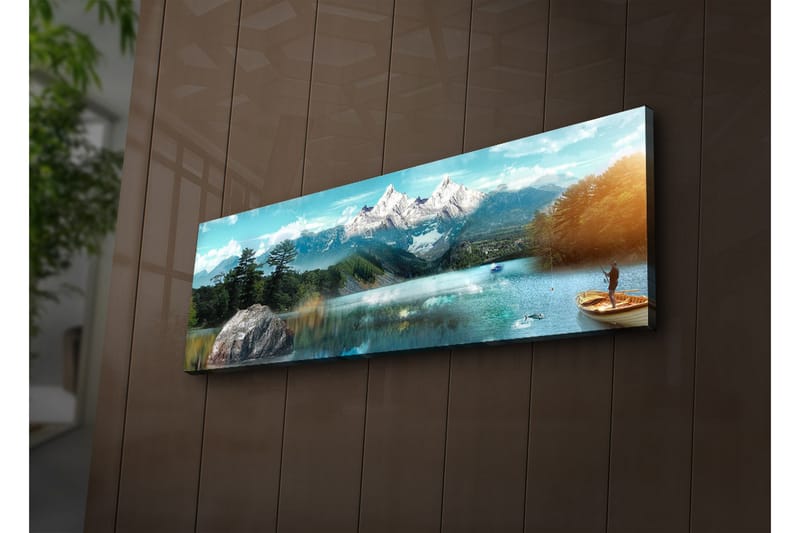 Canvastavla med LED-belysning 30x90 cm - Storslagen fjällandskap med en fiskare i en båt på en spegelblanka sjö - Blå / Grön / Vit - Inredning & dekor - Tavlor & konst - Canvastavla