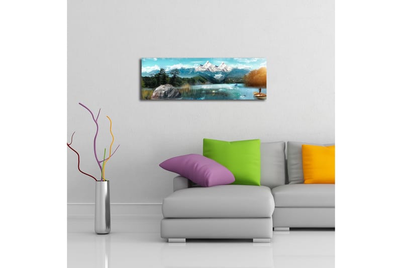 Canvastavla med LED-belysning 30x90 cm - Storslagen fjällandskap med en fiskare i en båt på en spegelblanka sjö - Blå / Grön / Vit - Inredning & dekor - Tavlor & konst - Canvastavla