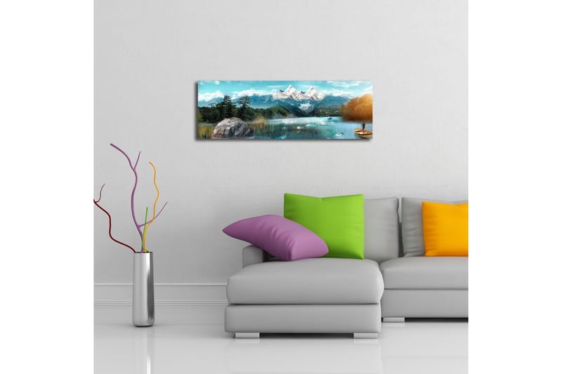Canvastavla med LED-belysning 30x90 cm - Storslagen fjällandskap med en fiskare i en båt på en spegelblanka sjö - Blå / Grön / Vit - Inredning & dekor - Tavlor & konst - Canvastavla