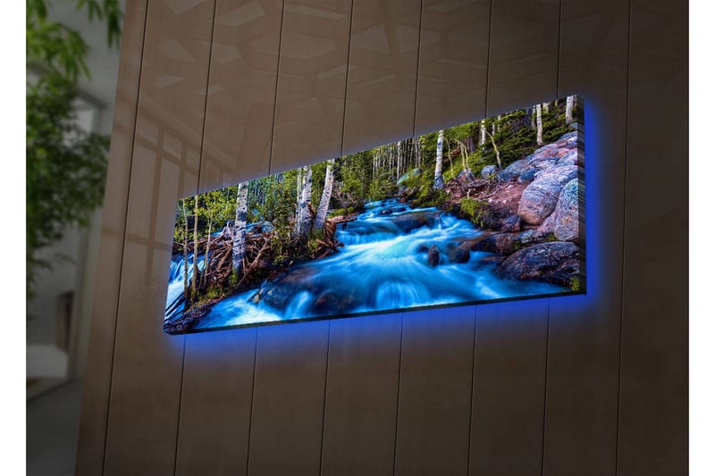 Canvastavla med LED-belysning 30x90 cm - Strömmande vatten i en naturskön miljö med omgivande träd - Blå / Grön / Brun - Inredning & dekor - Tavlor & konst - Canvastavla