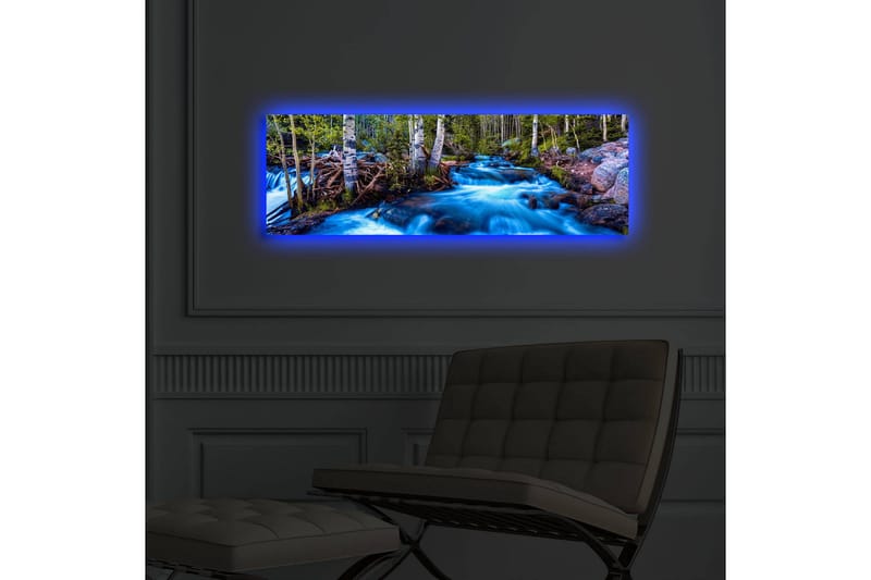 Canvastavla med LED-belysning 30x90 cm - Strömmande vatten i en naturskön miljö med omgivande träd - Blå / Grön / Brun - Inredning & dekor - Tavlor & konst - Canvastavla