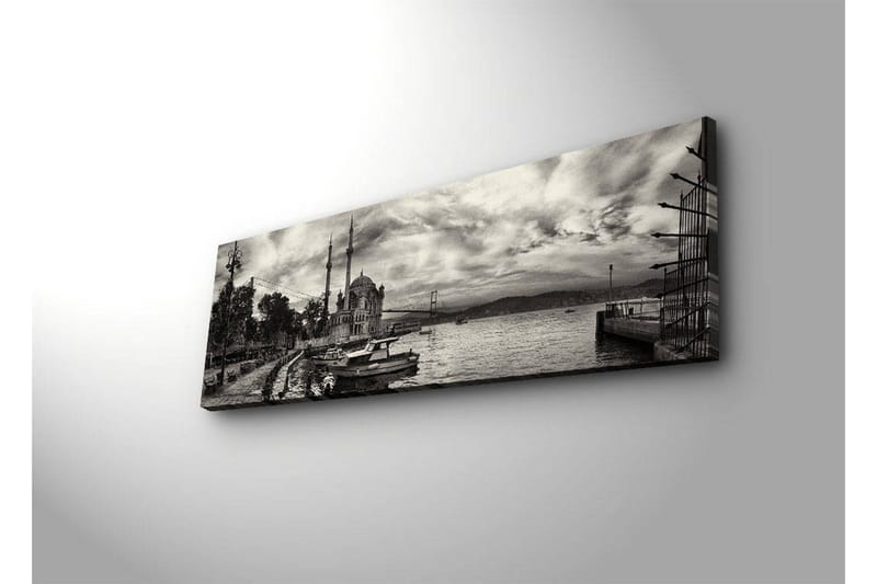Canvastavla med LED-belysning 30x90 cm - Svartvit panoramavy av en hamn med en moské och båtar - Svart / Vit / Grå - Inredning & dekor - Tavlor & konst - Canvastavla