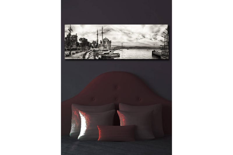 Canvastavla med LED-belysning 30x90 cm - Svartvit panoramavy av en hamn med en moské och båtar - Svart / Vit / Grå - Inredning & dekor - Tavlor & konst - Canvastavla