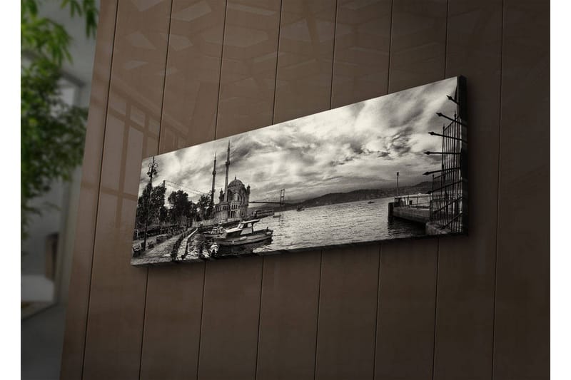 Canvastavla med LED-belysning 30x90 cm - Svartvit panoramavy av en hamn med en moské och båtar - Svart / Vit / Grå - Inredning & dekor - Tavlor & konst - Canvastavla