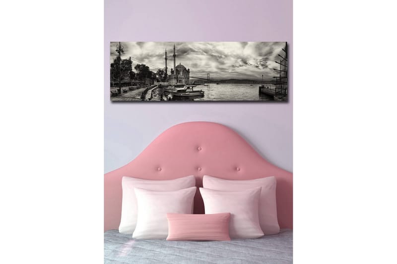 Canvastavla med LED-belysning 30x90 cm - Svartvit panoramavy av en hamn med en moské och båtar - Svart / Vit / Grå - Inredning & dekor - Tavlor & konst - Canvastavla