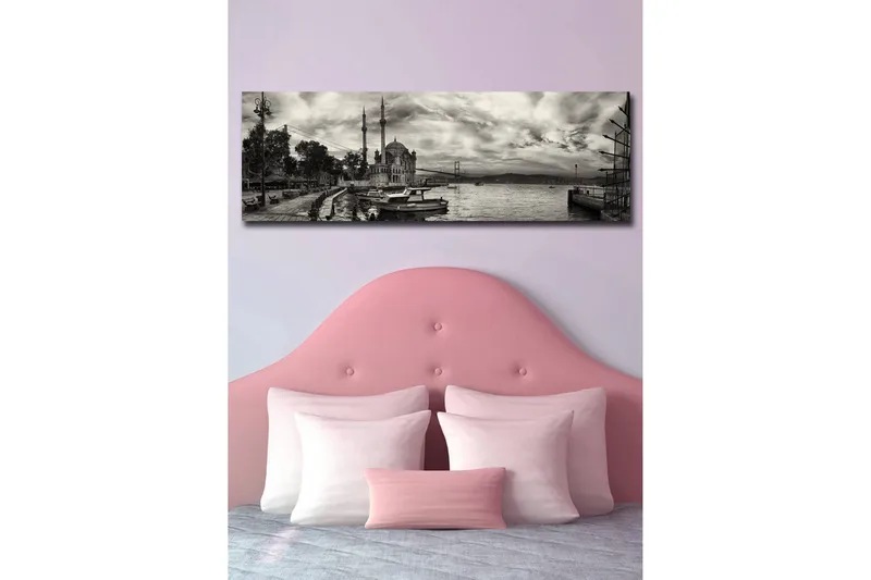 Canvastavla med LED-belysning 30x90 cm - Svartvit panoramavy av en hamn med en moské och båtar - Svart / Vit / Grå - Inredning & dekor - Tavlor & konst - Canvastavla