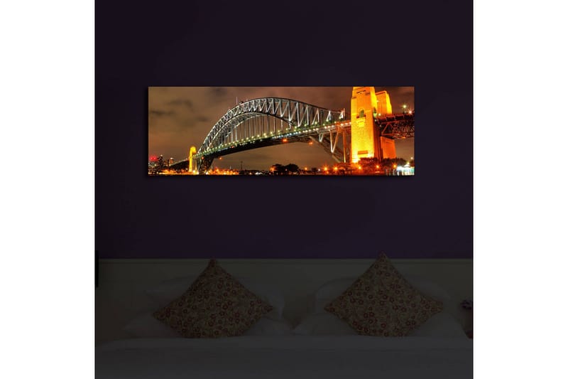 Canvastavla med LED-belysning 30x90 cm - Sydney Harbour Bridge i kvällsbelysning - Guld / Grön / Svart - Inredning & dekor - Tavlor & konst - Canvastavla