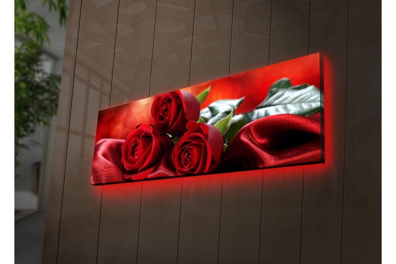 Canvastavla med LED-belysning 30x90 cm - Tre röda rosor på en mjuk, röd satinbakgrund, Röd / Grön