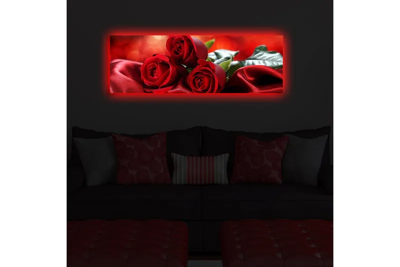 Canvastavla med LED-belysning 30x90 cm - Tre röda rosor på en mjuk, röd satinbakgrund - Röd / Grön - Inredning & dekor - Tavlor & konst - Canvastavla