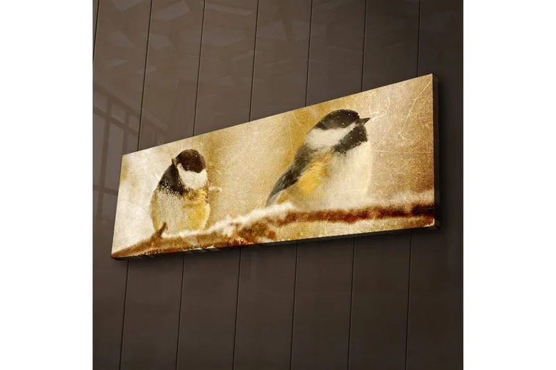 Canvastavla med LED-belysning 30x90 cm - Två fåglar på en gren i vinterlandskap - Beige / Svart / Vit - Inredning & dekor - Tavlor & konst - Canvastavla
