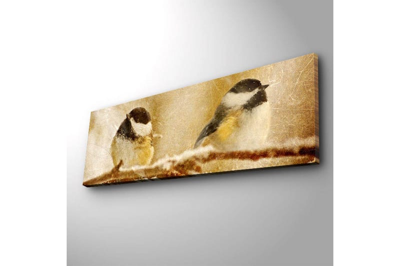 Canvastavla med LED-belysning 30x90 cm - Två fåglar på en gren i vinterlandskap - Beige / Svart / Vit - Inredning & dekor - Tavlor & konst - Canvastavla