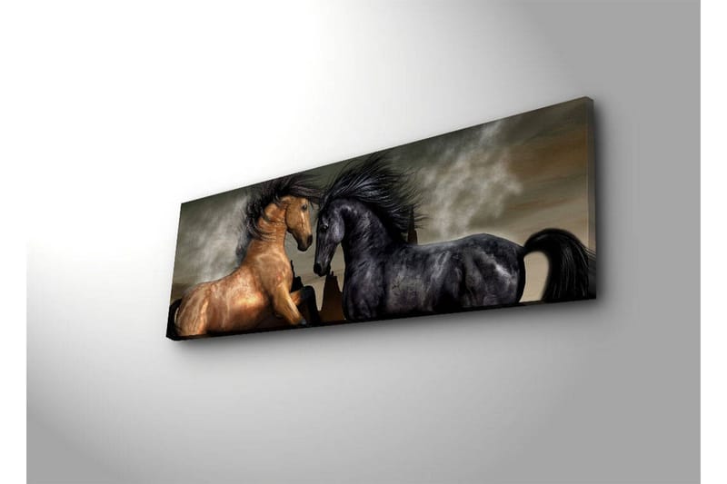 Canvastavla med LED-belysning 30x90 cm - Två hästar som möts i en kraftfull och dramatisk komposition - Guld / Svart / Grå - Inredning & dekor - Tavlor & konst - Canvastavla