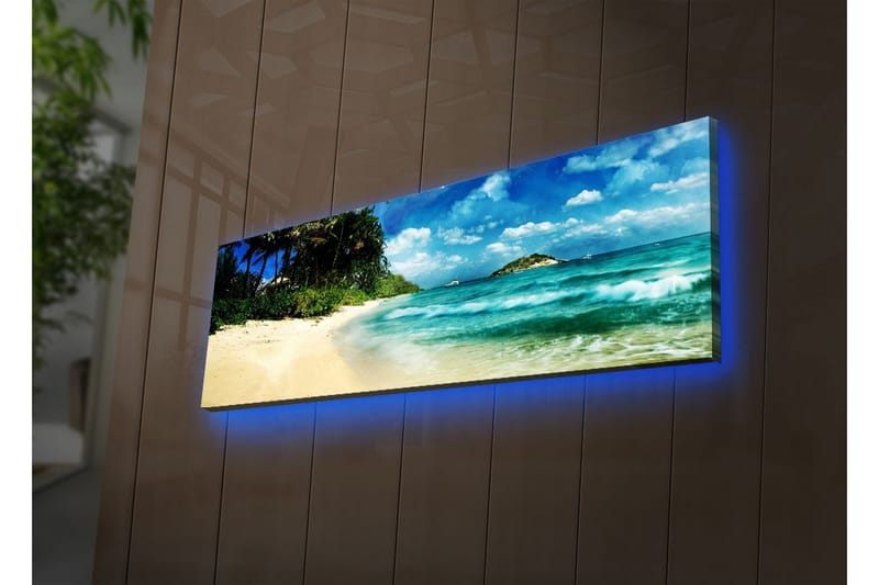 Canvastavla med LED-belysning 30x90 cm - Vacker strand med turkost vatten och palmer - Turkos / Beige / Blå - Inredning & dekor - Tavlor & konst - Canvastavla