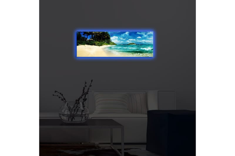 Canvastavla med LED-belysning 30x90 cm - Vacker strand med turkost vatten och palmer - Turkos / Beige / Blå - Inredning & dekor - Tavlor & konst - Canvastavla