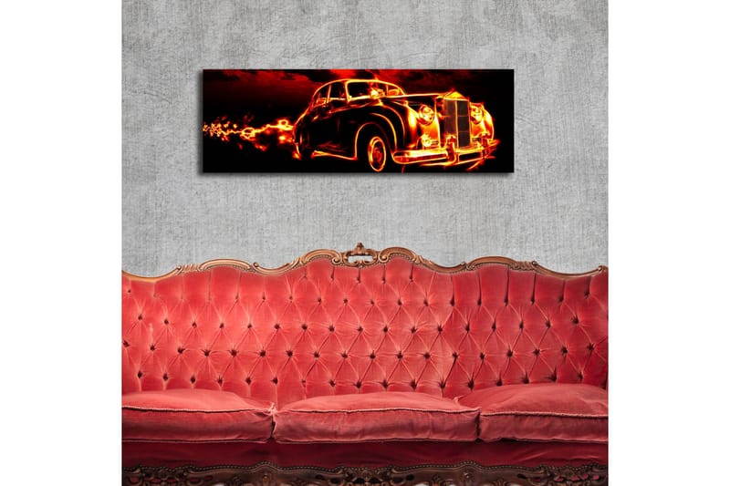 Canvastavla med LED-belysning 30x90 cm - Vintage bil med eldslågor som omger den - Röd / Svart / Orange - Inredning & dekor - Tavlor & konst - Canvastavla