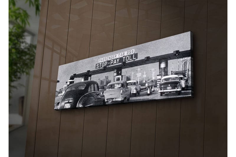 Canvastavla med LED-belysning 30x90 cm - Vintage trafikscen vid en betalstation - Svart / Vitt / Grått - Inredning & dekor - Tavlor & konst - Canvastavla