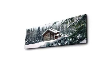 Canvastavla med LED-belysning 30x90 cm - Vinterlandskap med en stuga omgiven av snö och granar - Vit / Grön / Brun - Inredning & dekor - Tavlor & konst - Canvastavla