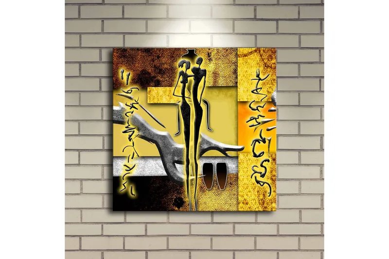 Canvastavla med LED-belysning 40x40 cm - Abstrakt komposition med mänskliga figurer och handformer - Guld / Svart / Grå - Inredning & dekor - Tavlor & konst - Canvastavla
