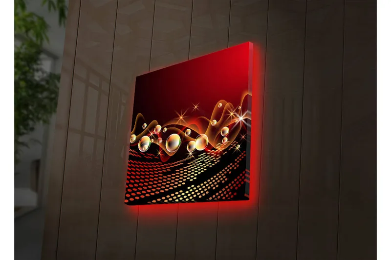 Canvastavla med LED-belysning 40x40 cm - Abstrakt komposition med svävande former och blanka bubblor - Röd / Svart / Guld - Inredning & dekor - Tavlor & konst - Canvastavla