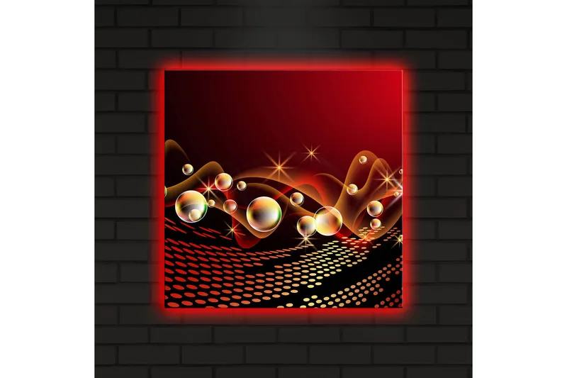 Canvastavla med LED-belysning 40x40 cm - Abstrakt komposition med svävande former och blanka bubblor - Röd / Svart / Guld - Inredning & dekor - Tavlor & konst - Canvastavla