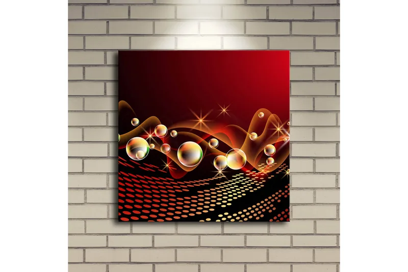 Canvastavla med LED-belysning 40x40 cm - Abstrakt komposition med svävande former och blanka bubblor - Röd / Svart / Guld - Inredning & dekor - Tavlor & konst - Canvastavla