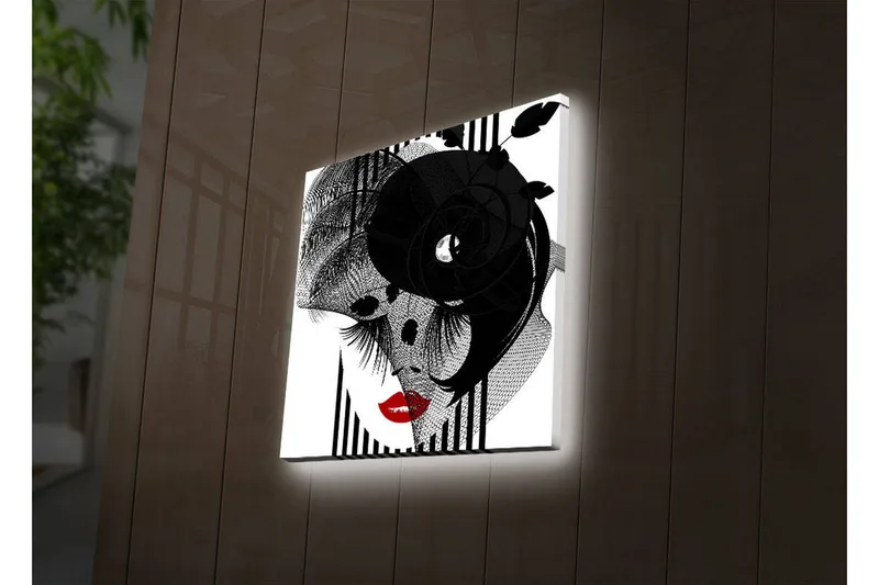 Canvastavla med LED-belysning 40x40 cm - Abstrakt porträtt med en elegant kvinna och svarta detaljer - Svart / Röd / Vit - Inredning & dekor - Tavlor & konst - Canvastavla