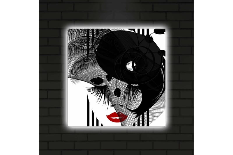 Canvastavla med LED-belysning 40x40 cm - Abstrakt porträtt med en elegant kvinna och svarta detaljer - Svart / Röd / Vit - Inredning & dekor - Tavlor & konst - Canvastavla