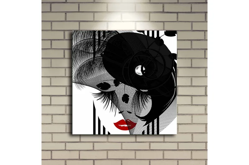 Canvastavla med LED-belysning 40x40 cm - Abstrakt porträtt med en elegant kvinna och svarta detaljer - Svart / Röd / Vit - Inredning & dekor - Tavlor & konst - Canvastavla