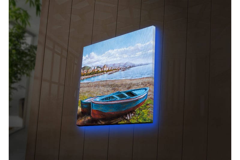 Canvastavla med LED-belysning 40x40 cm - Båt vid strandkanten med en vacker havsutsikt - Blå / Grön / Brun - Inredning & dekor - Tavlor & konst - Canvastavla