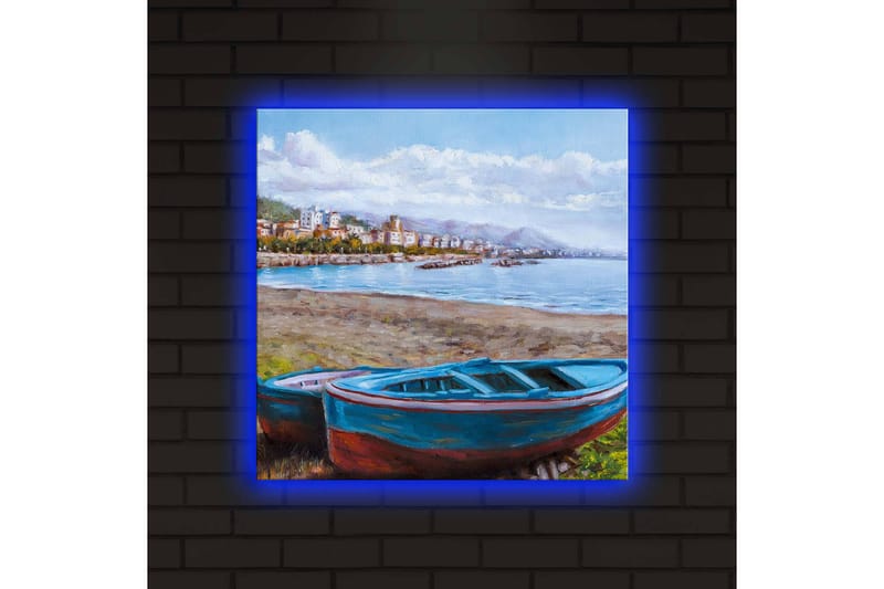 Canvastavla med LED-belysning 40x40 cm - Båt vid strandkanten med en vacker havsutsikt - Blå / Grön / Brun - Inredning & dekor - Tavlor & konst - Canvastavla