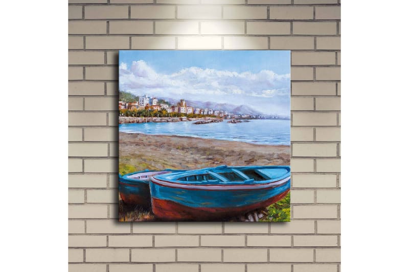 Canvastavla med LED-belysning 40x40 cm - Båt vid strandkanten med en vacker havsutsikt - Blå / Grön / Brun - Inredning & dekor - Tavlor & konst - Canvastavla